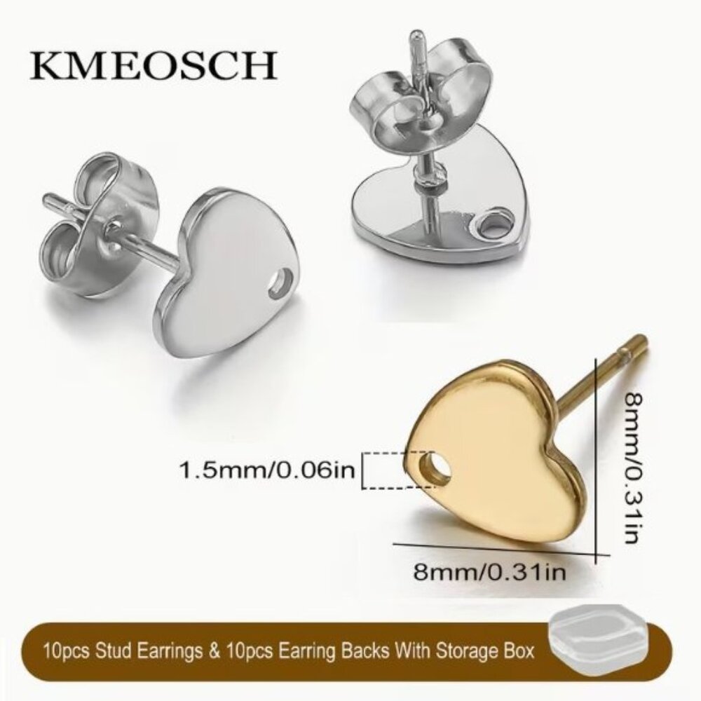 Silvertone Hypoallergenic Stainless Steel Heart-Shaped Stud Earrings  10 Pairs